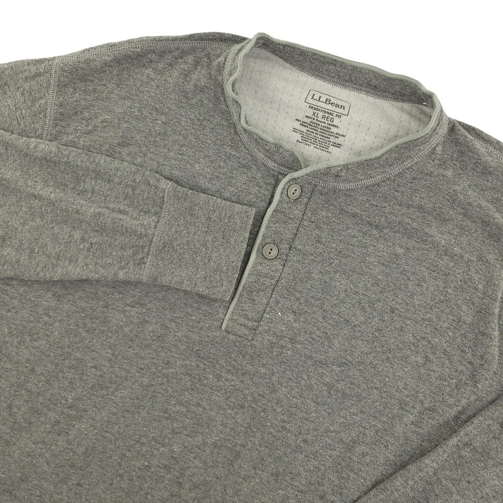 L.L. Bean Shirt Mens XL Gray Long Sleeve Cotton Thermal Henley Tagless Tee